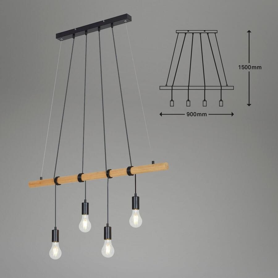 Briloner Leuchten Hanglamp hout metaal zwart 4xE27 max. 25W - Foto 3