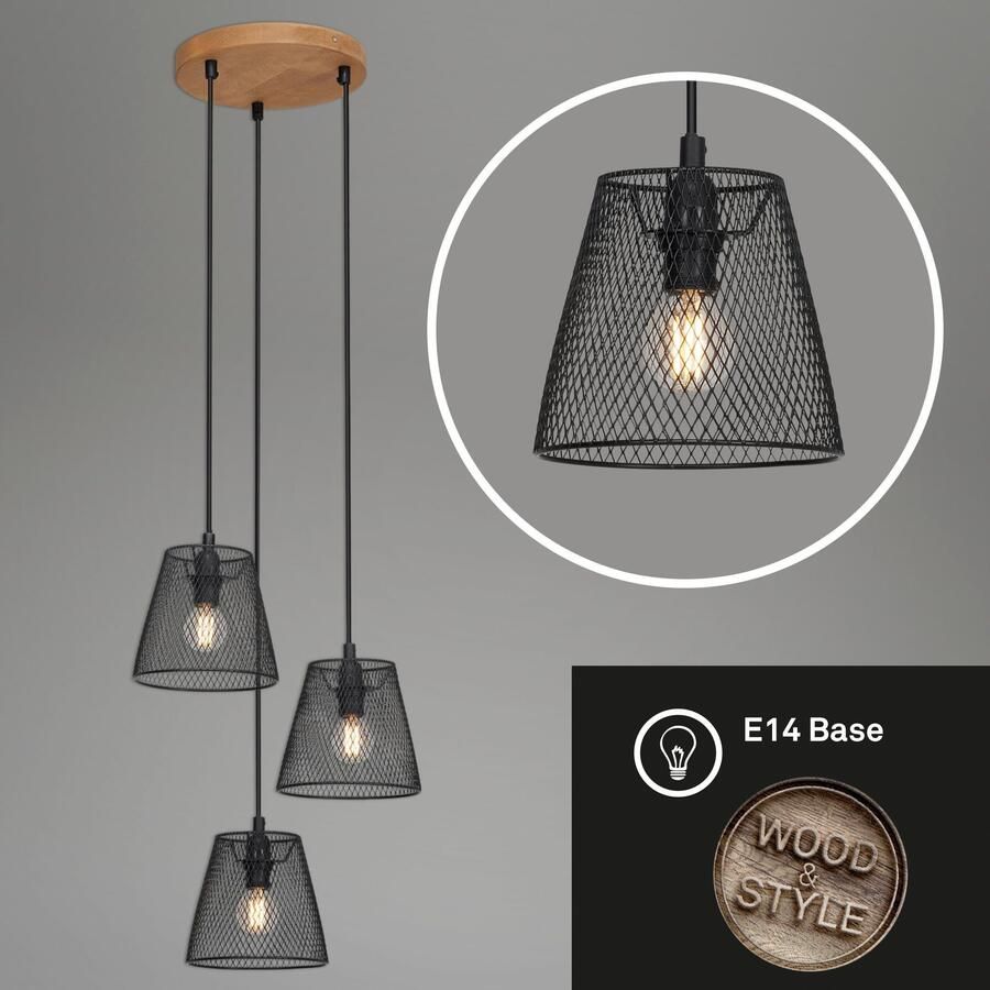 Briloner Leuchten Hanglamp TAUNUS 3-vlamig retro vintage metalen kap en houten basis zwart 21 cm (1 stuk) - Foto 4