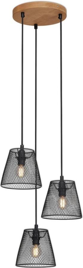 Briloner Leuchten Hanglamp TAUNUS 3-vlamig retro vintage metalen kap en houten basis zwart 21 cm (1 stuk) - Foto 3