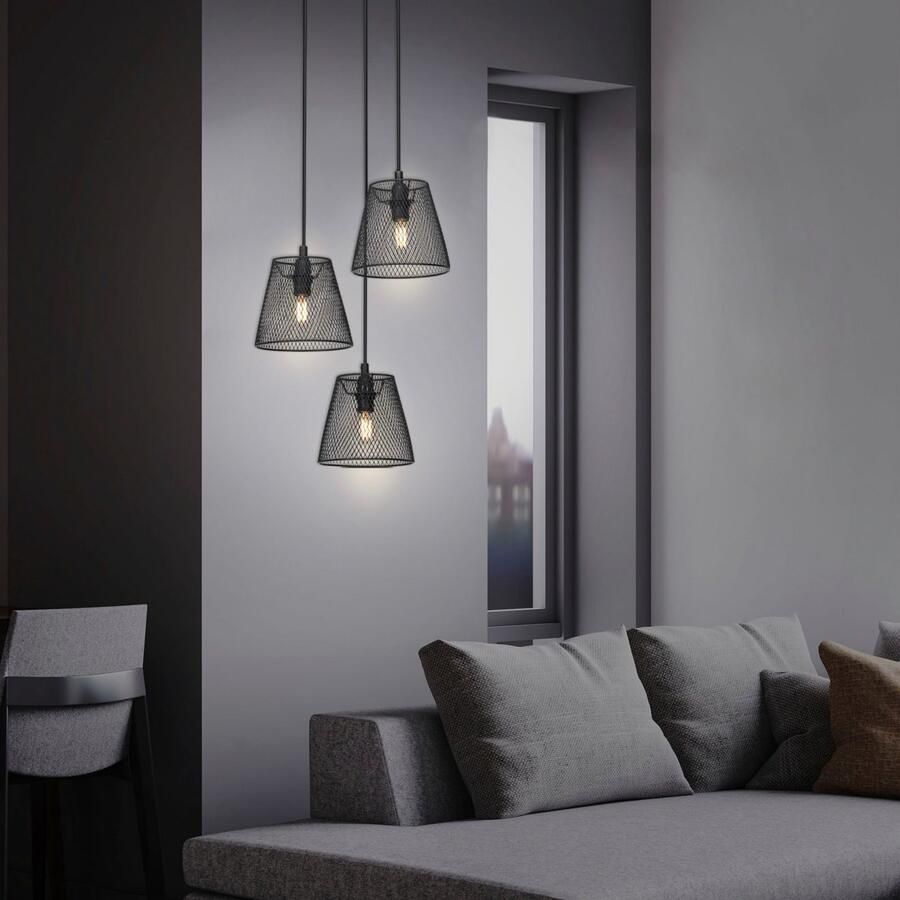 Briloner Leuchten Hanglamp TAUNUS 3-vlamig retro vintage metalen kap en houten basis zwart 21 cm (1 stuk) - Foto 1