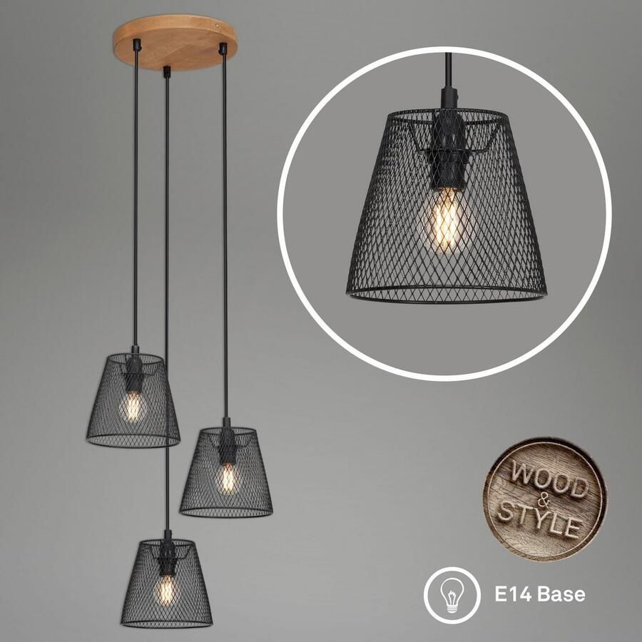 Briloner Leuchten Hanglamp TAUNUS 3-vlamig retro vintage metalen kap en houten basis zwart 21 cm (1 stuk) - Foto 2