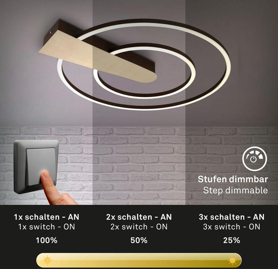 Briloner Leuchten Plafondlamp NICO DUO Plafondlamp dimbaar 25W 3000lm 3000K Ø 49 5 cm goudkleur voor woonkamer (1 stuk) - Foto 3