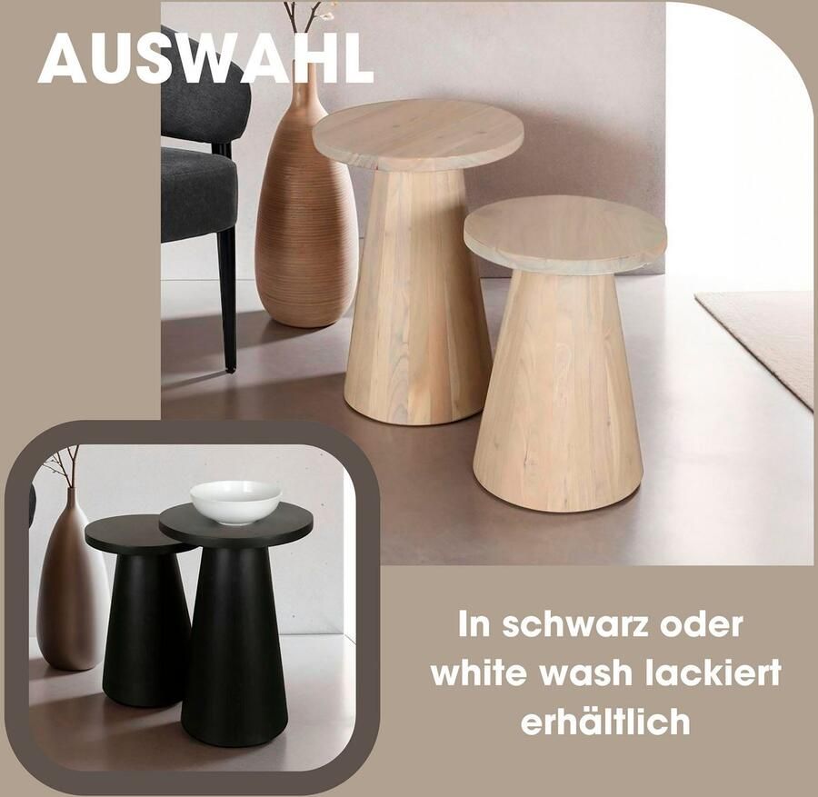 ByLIVING Bijzettafel Kegel uit massief hout in zwart of white wash verschillende maten (set) - Foto 3