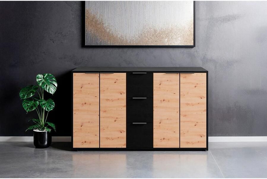 ByLIVING Dressoir Rimini Melamine eiken zwart en artisan eiken 3 lades 4 deuren - Foto 7