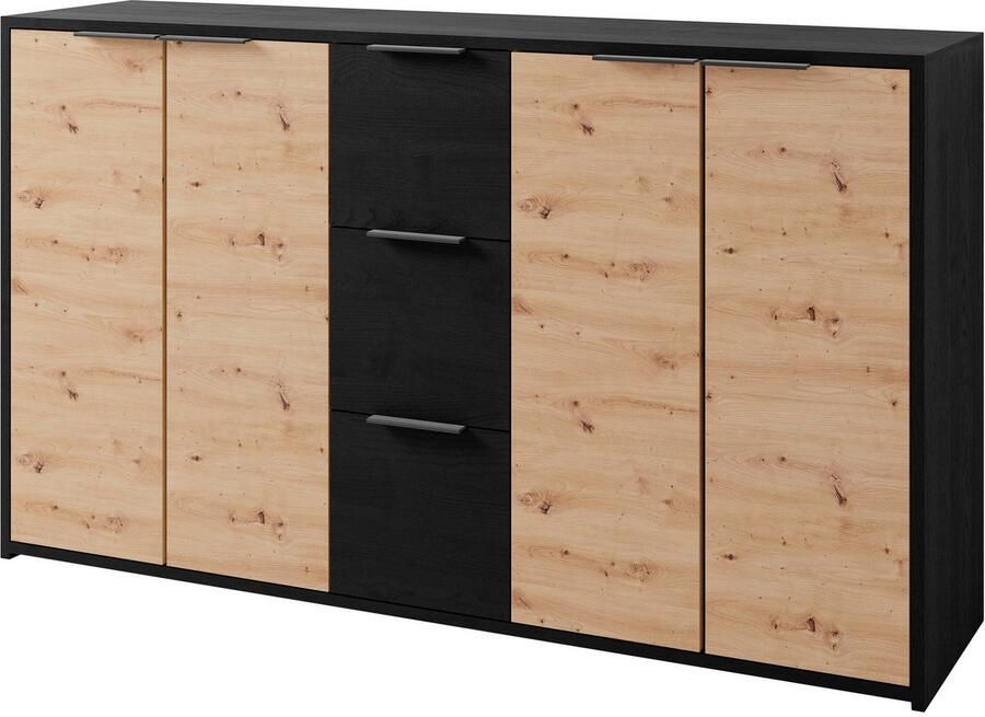 ByLIVING Dressoir Rimini Melamine eiken zwart en artisan eiken 3 lades 4 deuren - Foto 4