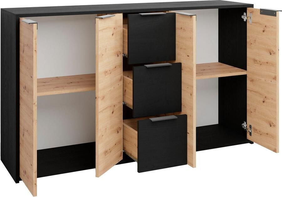 ByLIVING Dressoir Rimini Melamine eiken zwart en artisan eiken 3 lades 4 deuren - Foto 6