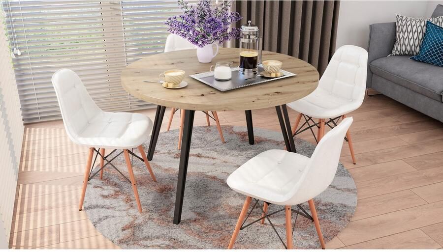 ByLIVING Eettafel MARTA met 120 cm ronde tafelblad in artisan eiklook en metalen poten (1 stuk) - Foto 4