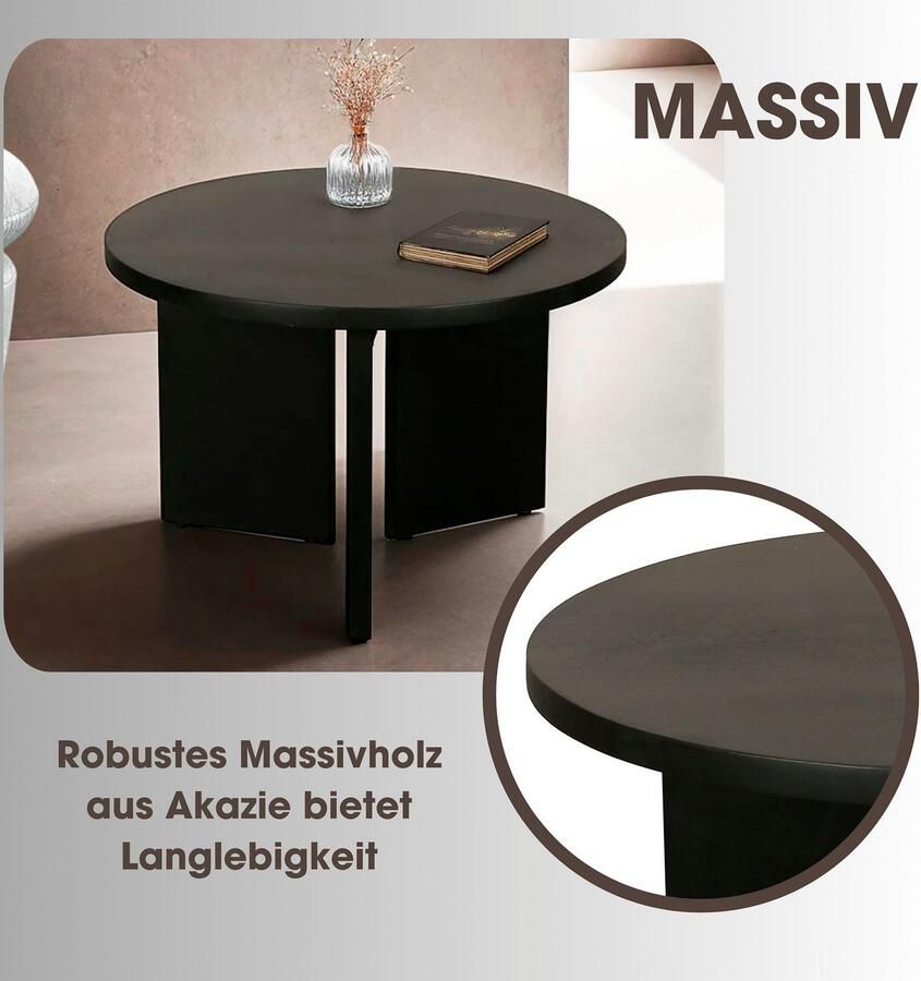 ByLIVING Salontafel Round uit 2 5 cm dik massief hout zwart afzonderlijk of in set verstelbaar (1 stuk) - Foto 2