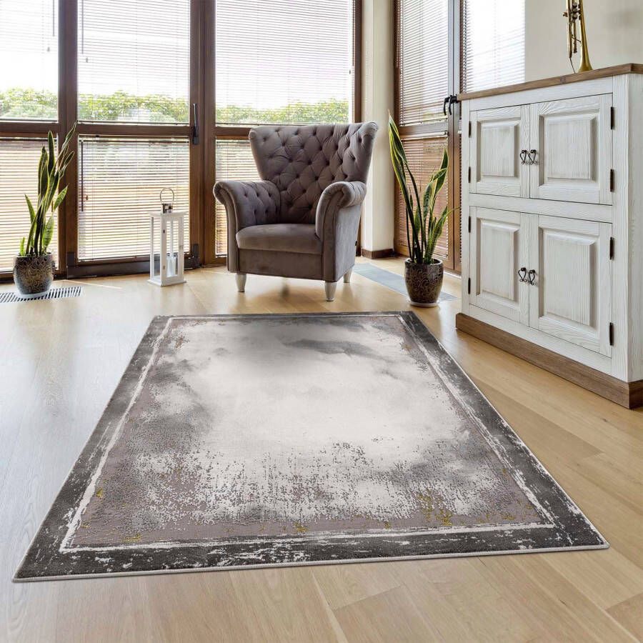 Carpet City Vloerkleed grens voor de woonkamer 140 x 200 cm grijs goud gemêleerd moderne tapijten laagpolig