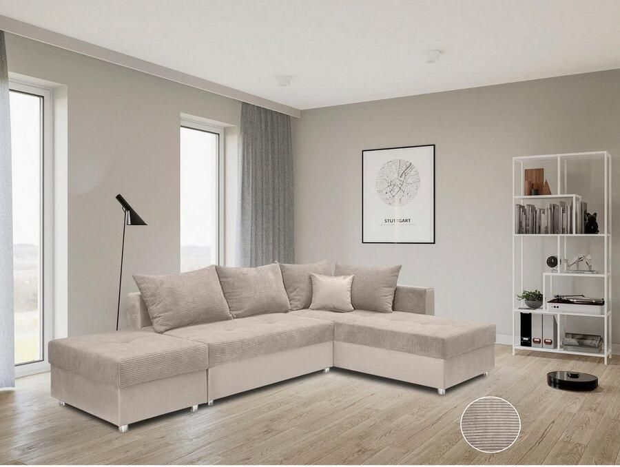COLLECTION AB Hoekbank Italia L-vorm met slaapbank functie en bedbox in mix van fluweel en ribfluweel