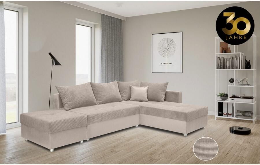 COLLECTION AB Hoekbank Italia L-vorm met slaapbank functie en bedbox in mix van fluweel en ribfluweel - Foto 4