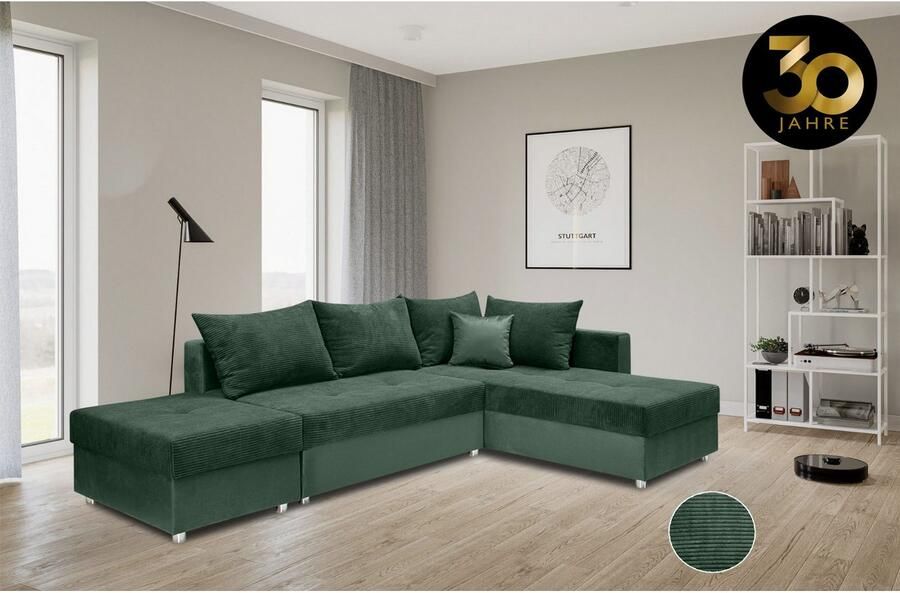 COLLECTION AB Hoekbank Italia L-vorm met slaapbank functie en bedbox in mix van fluweel en ribfluweel - Foto 4