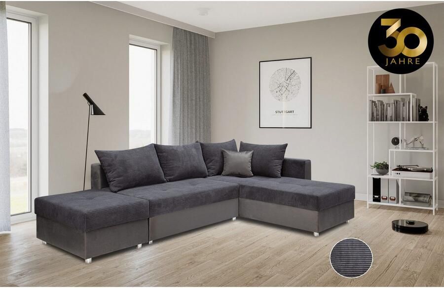 COLLECTION AB Hoekbank Italia L-vorm met slaapbank functie en bedbox in mix van fluweel en ribfluweel - Foto 3