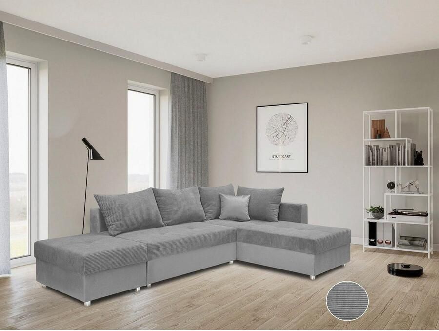 COLLECTION AB Hoekbank Italia L-vorm met slaapbank functie en bedbox in mix van fluweel en ribfluweel - Foto 3
