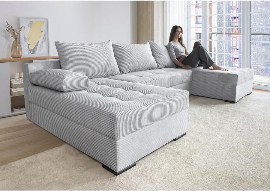 COLLECTION AB Zithoek Josy U-vorm slaapbank met bedlade flexibele recamière breedte: 269cm inclusief rugkussen cord - Foto 5