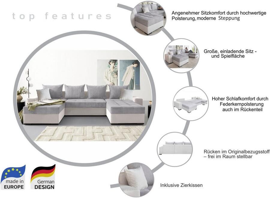 COLLECTION AB Zithoek Josy XL U-vorm B: 313 cm in Cord-Mix met bedfunctie bedlade & 2 sierkussens vering - Foto 4