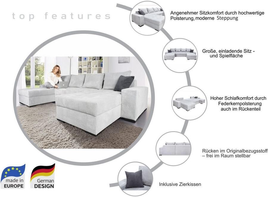 COLLECTION AB Zithoek XL-Josy U-vorm breedte 313 cm cord- mix incl. bedfunctie bedlade met 4 gelijk grote rugkussens - Foto 6
