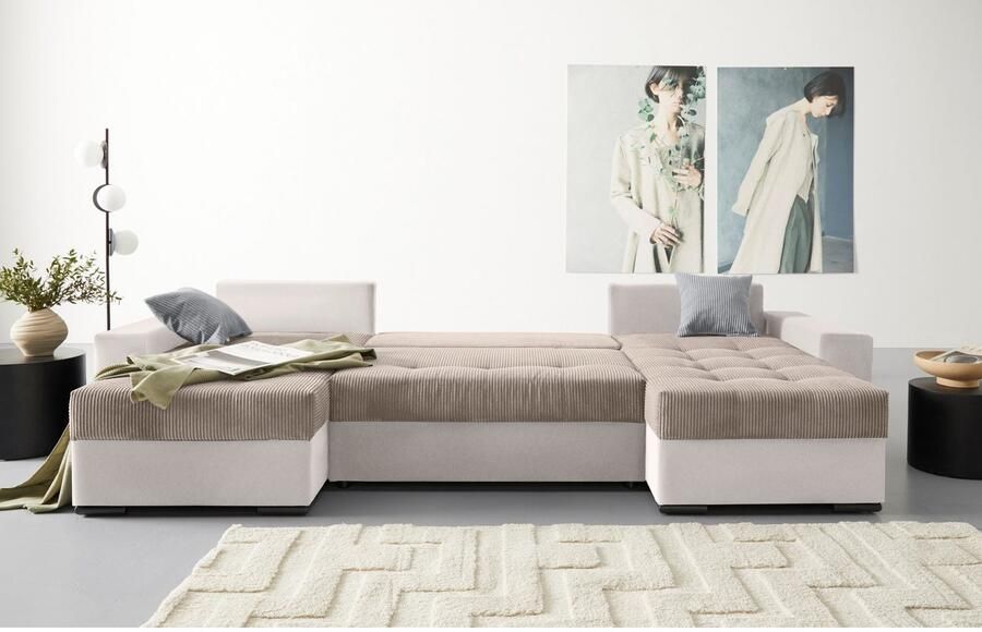 COLLECTION AB Zithoek XL-Josy U-vorm breedte 313 cm cord- mix incl. bedfunctie bedlade met 4 gelijk grote rugkussens - Foto 8