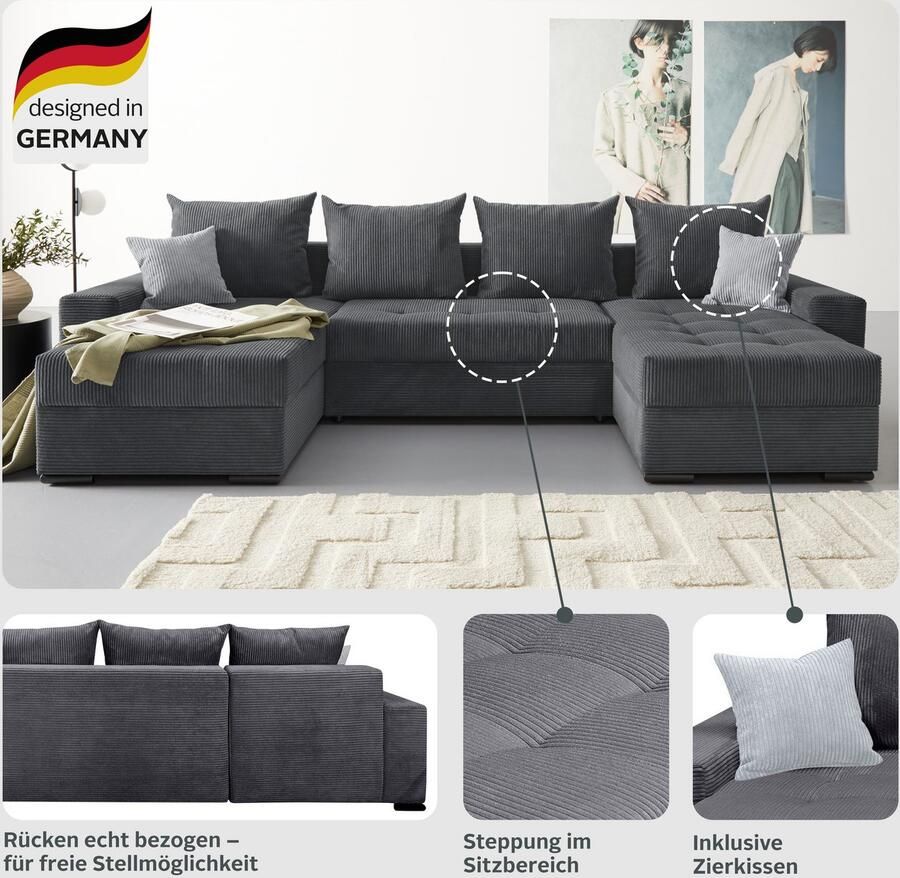 COLLECTION AB Zithoek XL-Josy U-vorm breedte 313 cm cord- mix incl. bedfunctie bedlade met 4 gelijk grote rugkussens - Foto 3