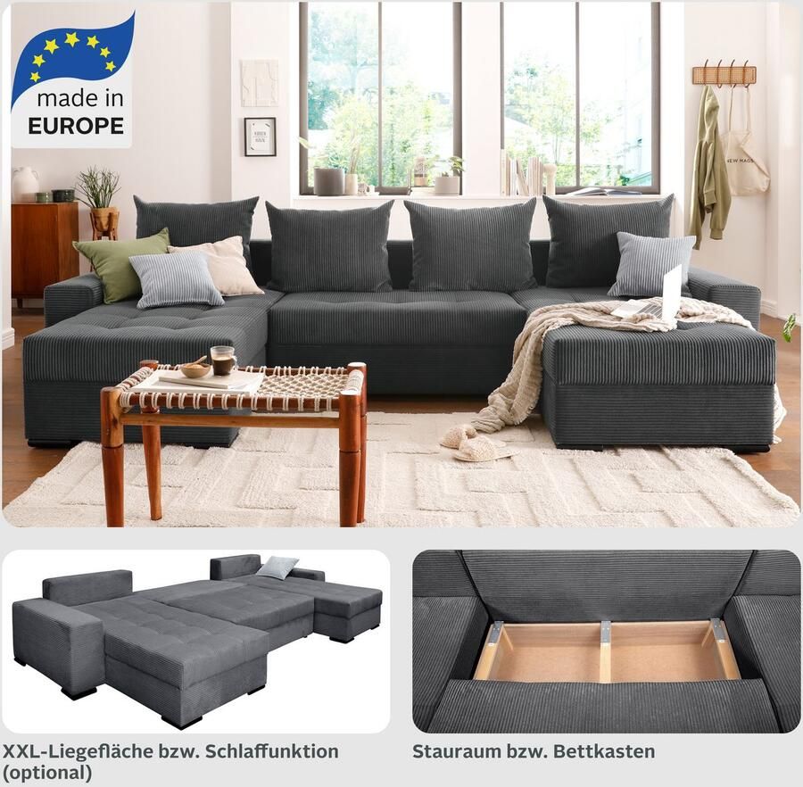 COLLECTION AB Zithoek XL-Josy U-vorm breedte 313 cm cord- mix incl. bedfunctie bedlade met 4 gelijk grote rugkussens - Foto 2