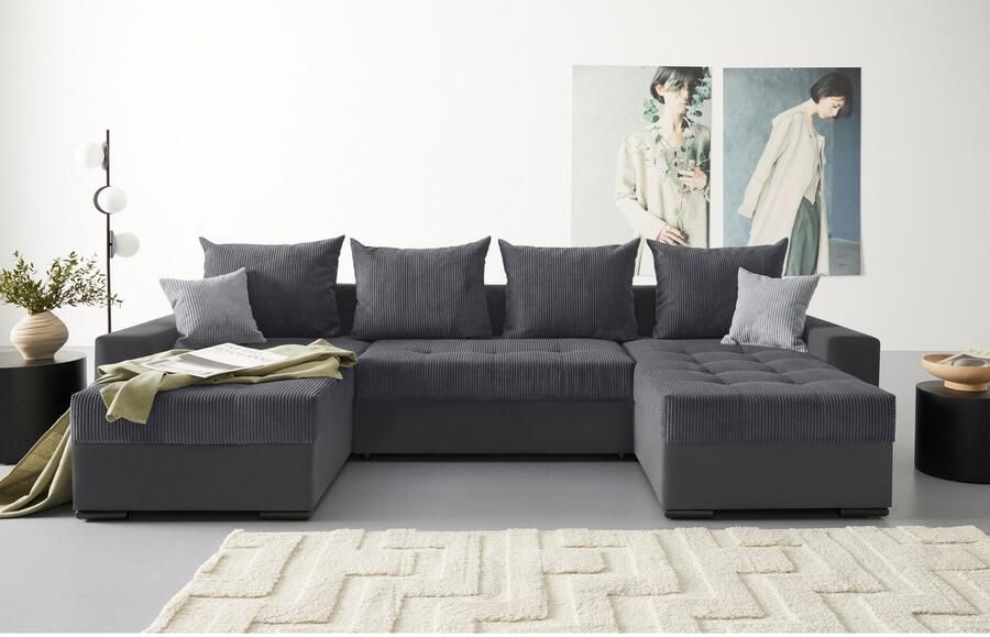 COLLECTION AB Zithoek XL-Josy U-vorm breedte 313 cm cord- mix incl. bedfunctie bedlade met 4 gelijk grote rugkussens - Foto 8