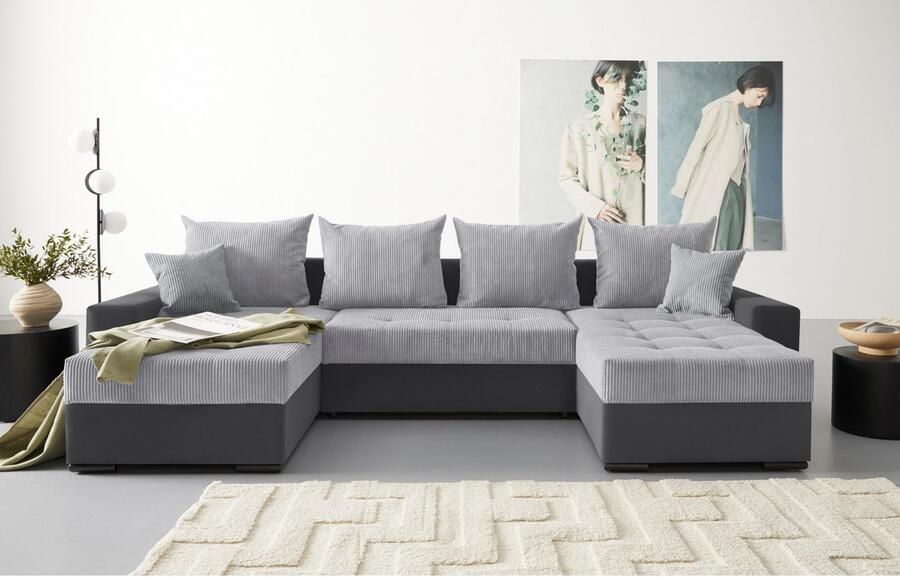 COLLECTION AB Zithoek XL-Josy U-vorm breedte 313 cm cord- mix incl. bedfunctie bedlade met 4 gelijk grote rugkussens - Foto 9