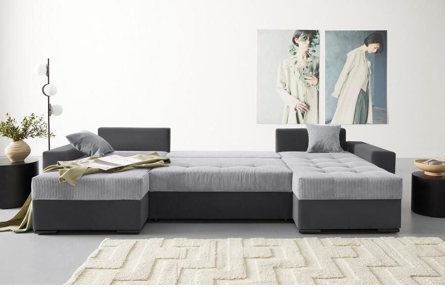 COLLECTION AB Zithoek XL-Josy U-vorm breedte 313 cm cord- mix incl. bedfunctie bedlade met 4 gelijk grote rugkussens - Foto 8