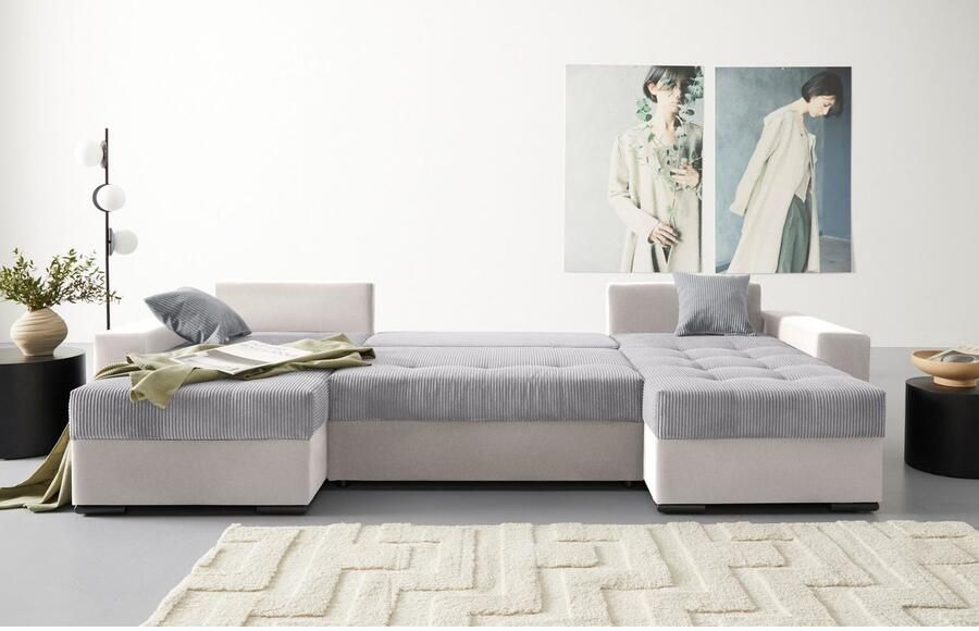 COLLECTION AB Zithoek XL-Josy U-vorm breedte 313 cm cord- mix incl. bedfunctie bedlade met 4 gelijk grote rugkussens - Foto 8