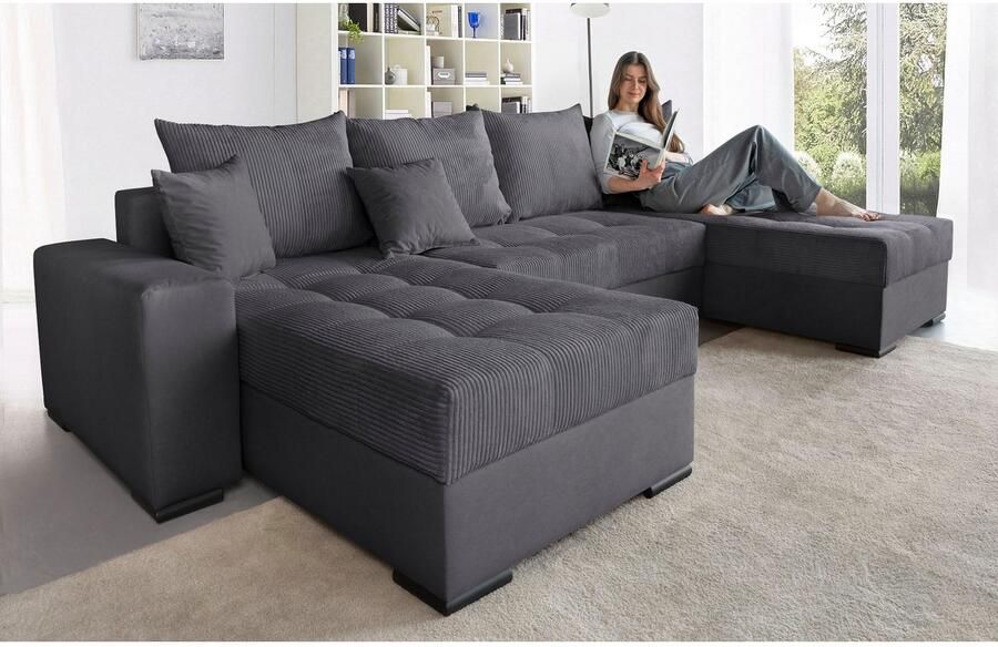 COLLECTION AB Zithoek XL-Josy U-vorm breedte 313 cm cord- mix incl. bedfunctie bedlade met 4 gelijk grote rugkussens - Foto 7