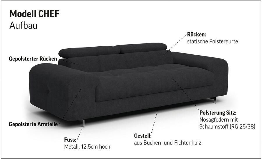 COTTA 3-zitsbank Chef Big-sofa met verstelbare rugleuning elegante metalen poten - Foto 8