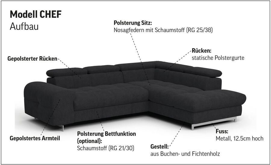 COTTA Hoekbank Chef L-vorm met hoofdbordverstelling edele metalen slede optioneel met slaapfunctie - Foto 6
