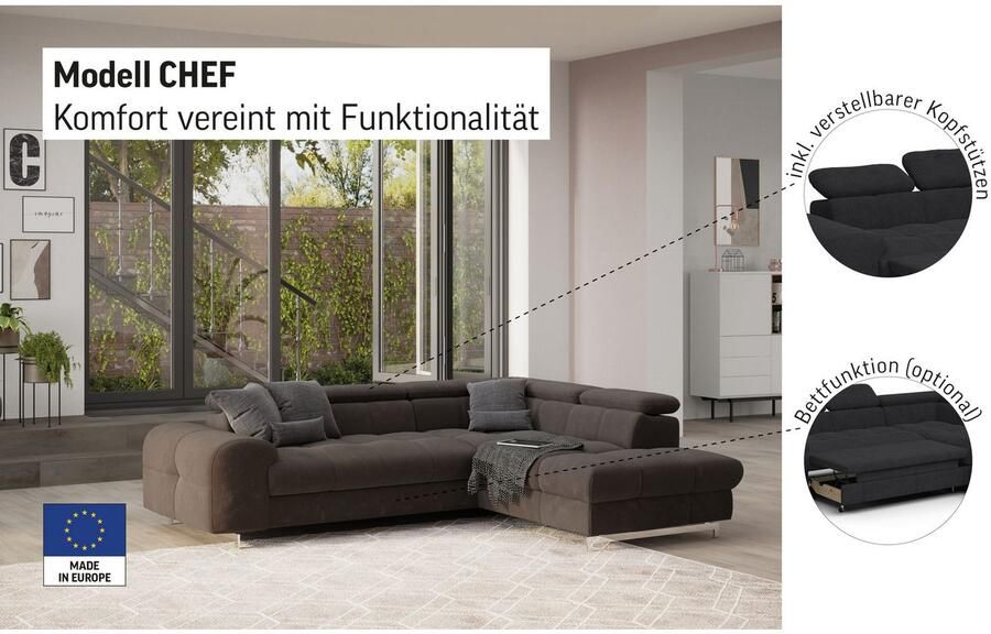 COTTA Hoekbank Chef L-vorm met hoofdbordverstelling edele metalen slede optioneel met slaapfunctie - Foto 5