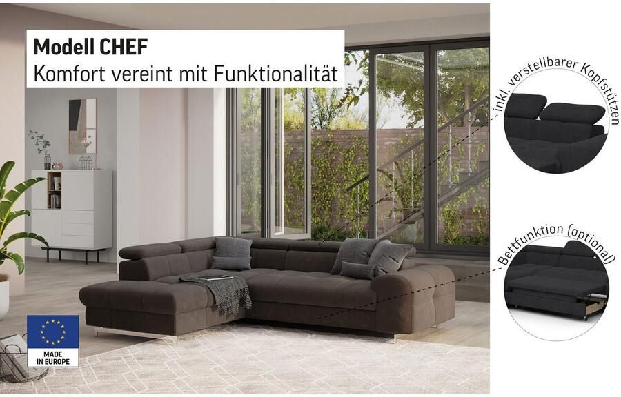 COTTA Hoekbank Chef L-vorm met hoofdbordverstelling edele metalen slede optioneel met slaapfunctie - Foto 5
