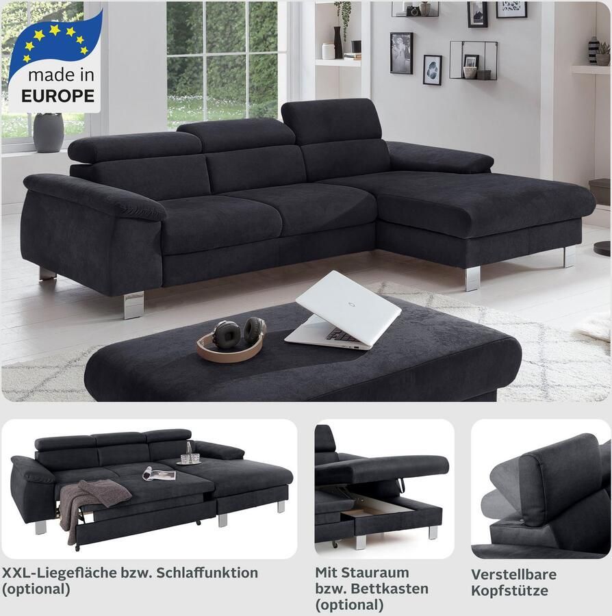 COTTA Hoekbank Komaris L-vorm met hoofdeindeverstelling keuze met bedfunctie bedlade & verlichting