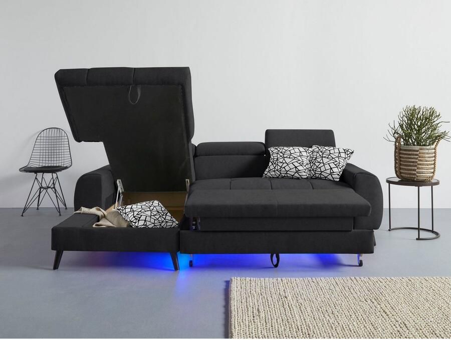 COTTA Hoekbank Mia L-vorm met 3 sierkussens keuze met bedfunctie bedlade verlichting & draadloze oplader
