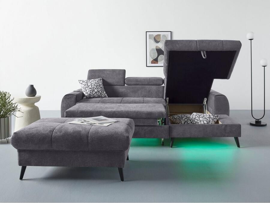 COTTA Hoekbank Mia L-vorm met 3 sierkussens keuze met bedfunctie bedlade verlichting & draadloze oplader