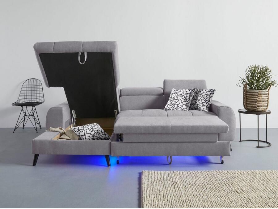 COTTA Hoekbank Mia L-vorm met 3 sierkussens keuze met bedfunctie bedlade verlichting & draadloze oplader