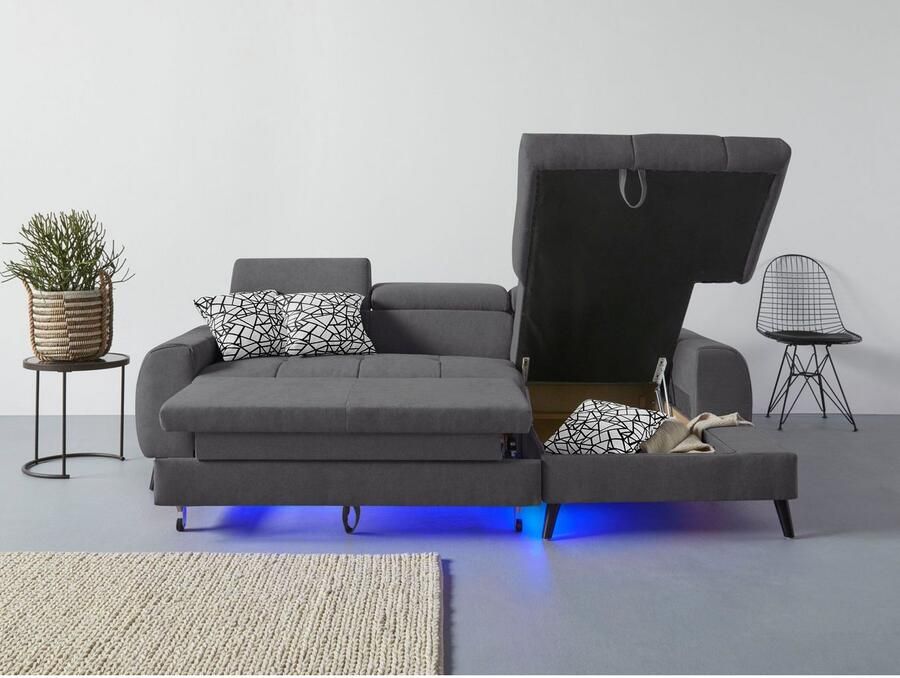 COTTA Hoekbank Mia L-vorm met 3 sierkussens keuze met bedfunctie bedlade verlichting & draadloze oplader