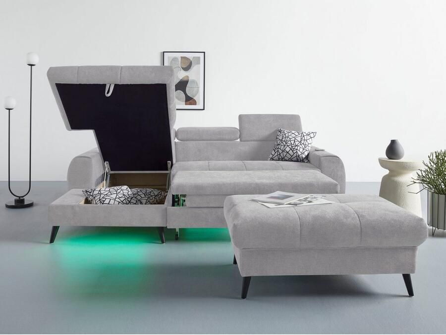 COTTA Hoekbank Mia L-vorm met 3 sierkussens keuze met bedfunctie bedlade verlichting & draadloze oplader