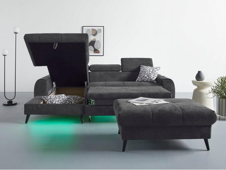 COTTA Hoekbank Mia L-vorm met 3 sierkussens keuze met bedfunctie bedlade verlichting & draadloze oplader