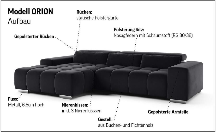 COTTA Hoekbank Orion L-vorm met hoofdbordverstelling & 3 lendenkussens - Foto 5