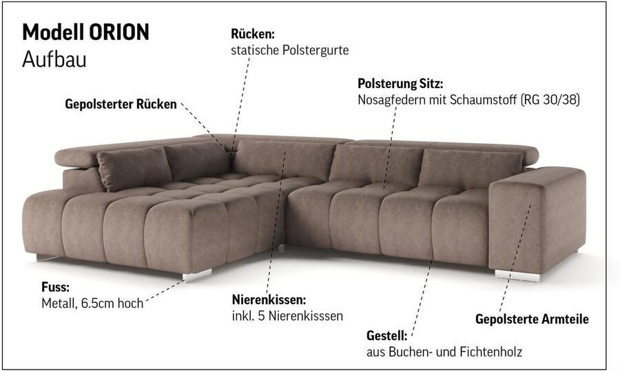 COTTA Hoekbank Orion L-vorm met hoofdbordverstelling & 5 lendenkussens - Foto 6