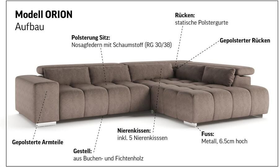 COTTA Hoekbank Orion L-vorm met hoofdbordverstelling & 5 lendenkussens - Foto 6