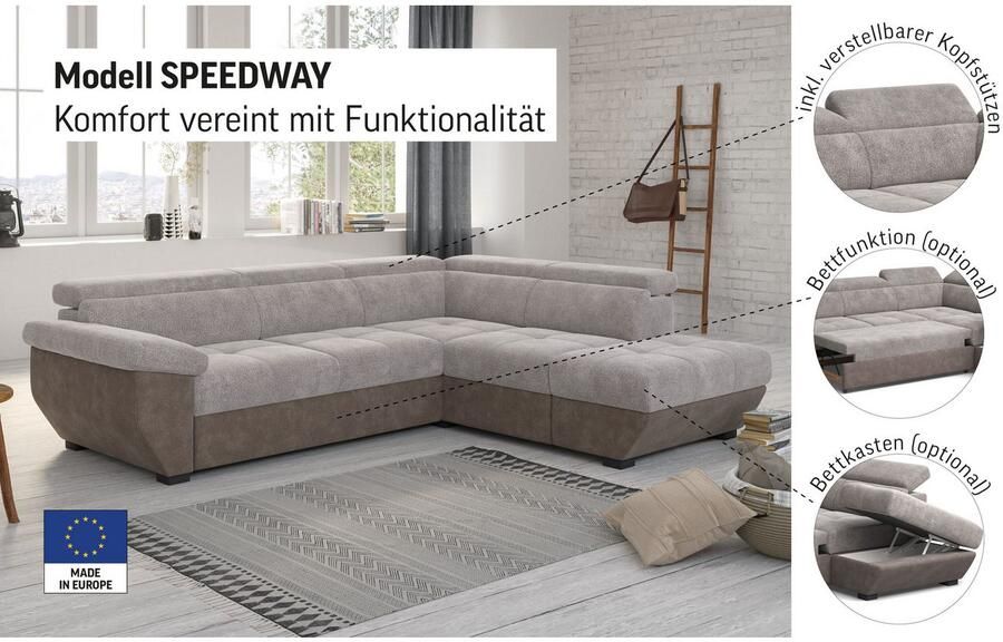 COTTA Hoekbank Speedway L-vorm met verstelbaar hoofdeind naar keuze met slaapfunctie & bedkist - Foto 2