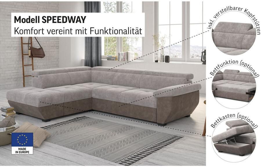 COTTA Hoekbank Speedway L-vorm met verstelbaar hoofdeind naar keuze met slaapfunctie & bedkist - Foto 2
