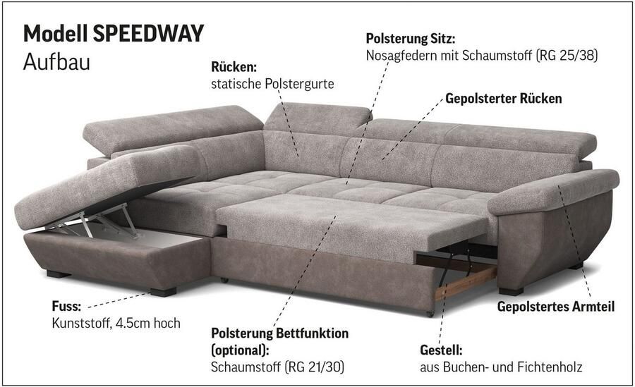 COTTA Hoekbank Speedway L-vorm met verstelbaar hoofdeind naar keuze met slaapfunctie & bedkist - Foto 3