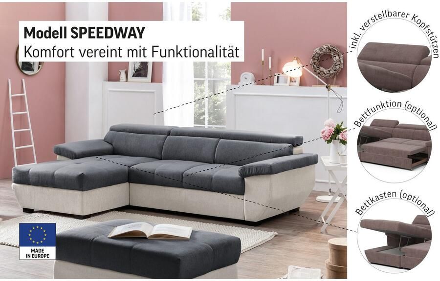 COTTA Hoekbank Speedway L-vorm met verstelbaar hoofdeind naar keuze met slaapfunctie & bedkist - Foto 2