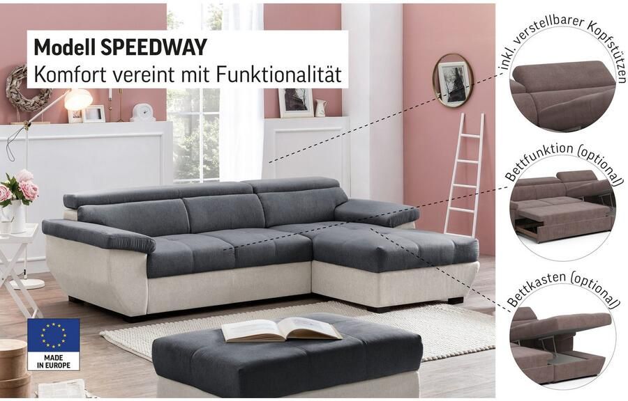 COTTA Hoekbank Speedway L-vorm met verstelbaar hoofdeind naar keuze met slaapfunctie & bedkist - Foto 2