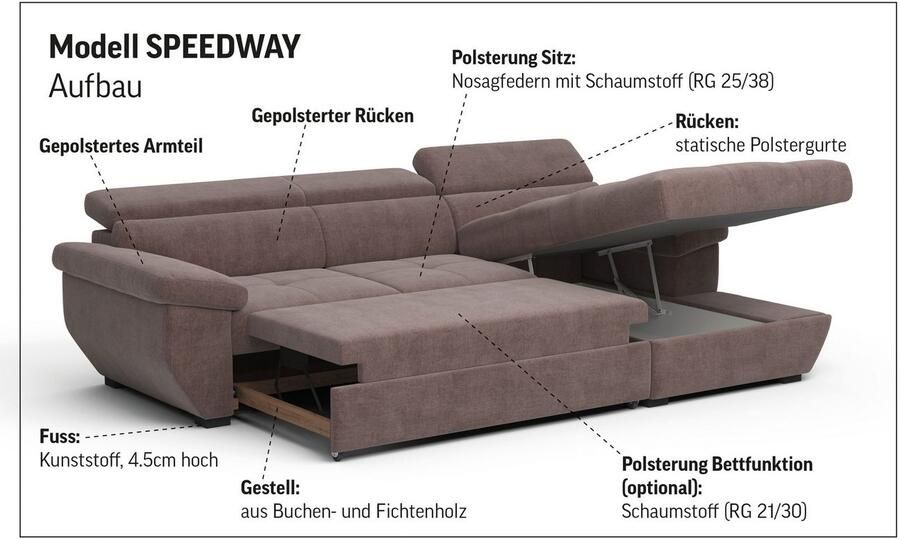 COTTA Hoekbank Speedway L-vorm met verstelbaar hoofdeind naar keuze met slaapfunctie & bedkist - Foto 4