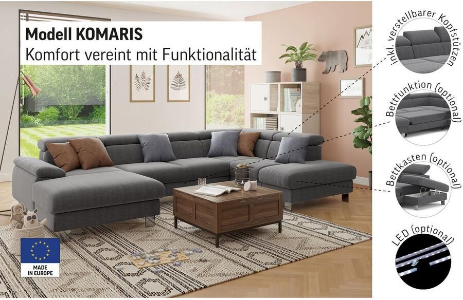 COTTA Zithoek Komaris U-vorm met hoofdeindeverstelling keuze met bedfunctie bedlade & verlichting - Foto 1